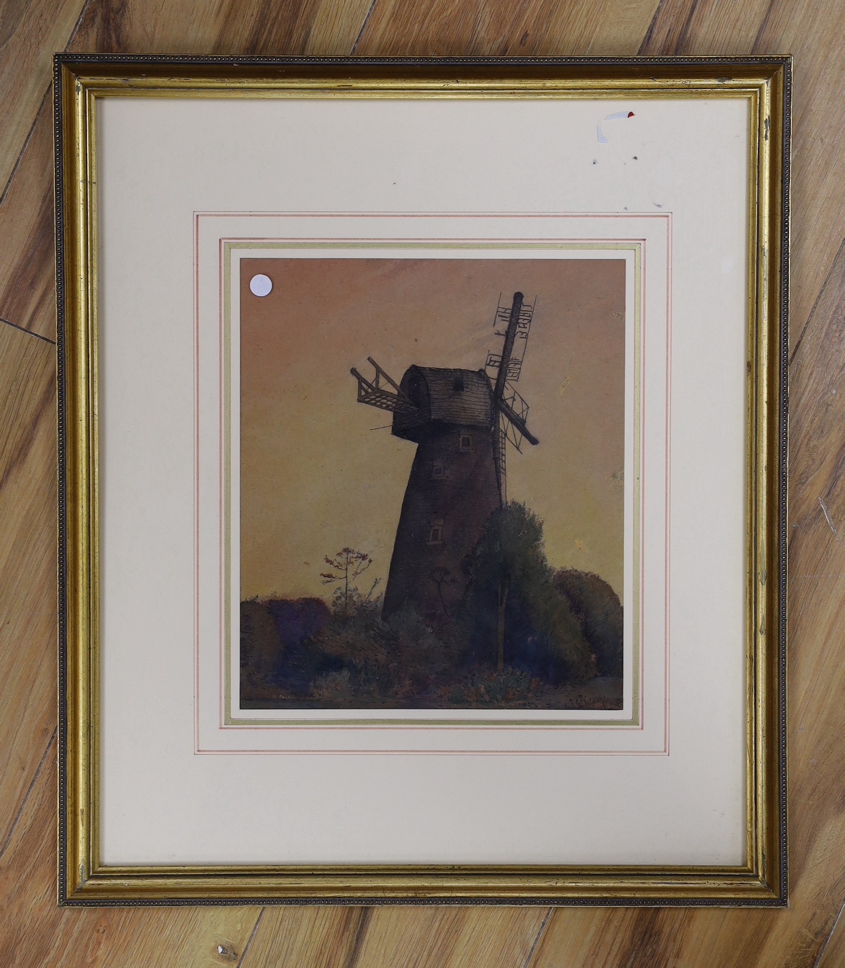 Johan Frederik Cornelis Scherrewitz (Swiss, 1868-1951), watercolour, Windmill at sunset, 26 x 23cm